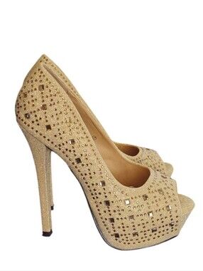 DBDK Fashion Gold Embellished Peep Toe Platform Stiletto Heels | Size 7